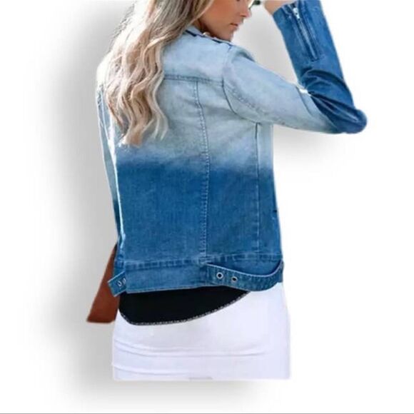 FATE by LFD Denim Jacket Blue Medium Wash Long Zipper Pocket Ombre Jean Jacket S - Picture 3 of 15